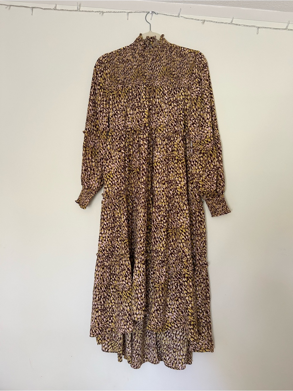 NWT Scoop Multicolor Print Blouson Mock Neck Hi Low Maxi Ruffle Flowy Dress Sz S